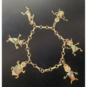Rock Kritters Southwestern Sterling Silver Gemstone Inlay 6 Charms Bracelet